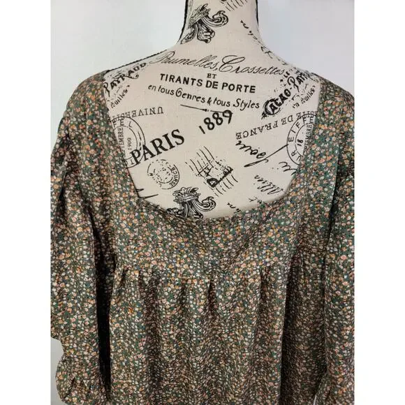 Arula Babydoll Top Sz C 3X Square Neck Green Floral Short Sleeve Ruffle Bohemian - Picture 7 of 10